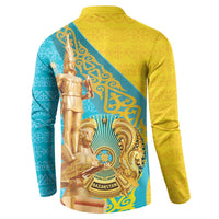 Gold and teal long-sleeve button sweatshirt with back statue relief graphic