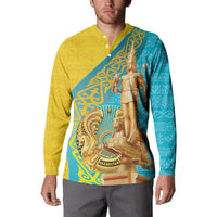 Gold and teal long-sleeve button sweatshirt worn by model with chest statue print
