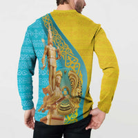Gold and teal long-sleeve button sweatshirt worn by model with back statue print