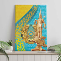 Golden knight statue canvas wall art, front view with blue and yellow ornate designs
