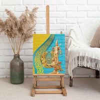 Golden knight statue canvas wall art on easel, blue and yellow decorative backdrop