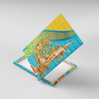 Golden knight statue canvas wall art shown at an angled view, blue and yellow