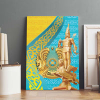 Golden knight statue canvas wall art standing on floor, blue and yellow patterned art