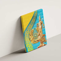 Golden knight statue canvas wall art, side wall display with blue and yellow patterns