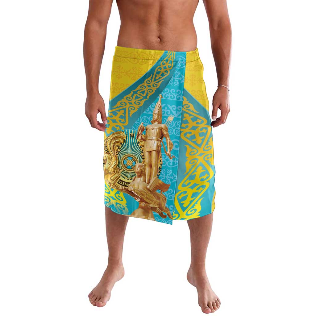 Men's gold and teal patterned lavalava with central dancer graphic