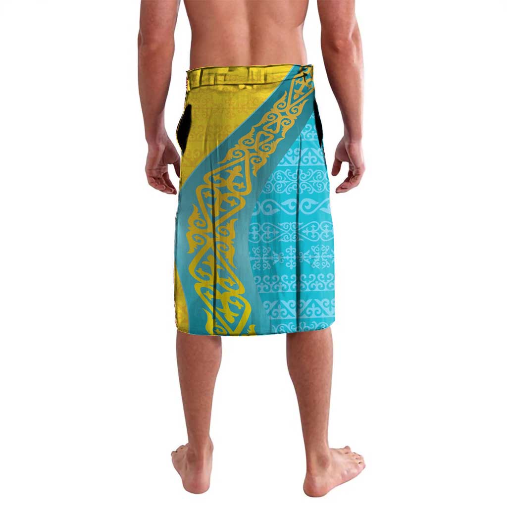 Men's gold and teal lavalava with blue geometric script panel, straight hem