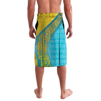 Men's gold and teal lavalava with blue geometric script panel, straight hem