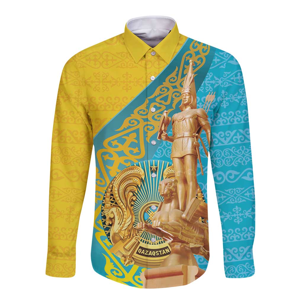 Gold long-sleeve button-up shirt with multicolor central graphic panel