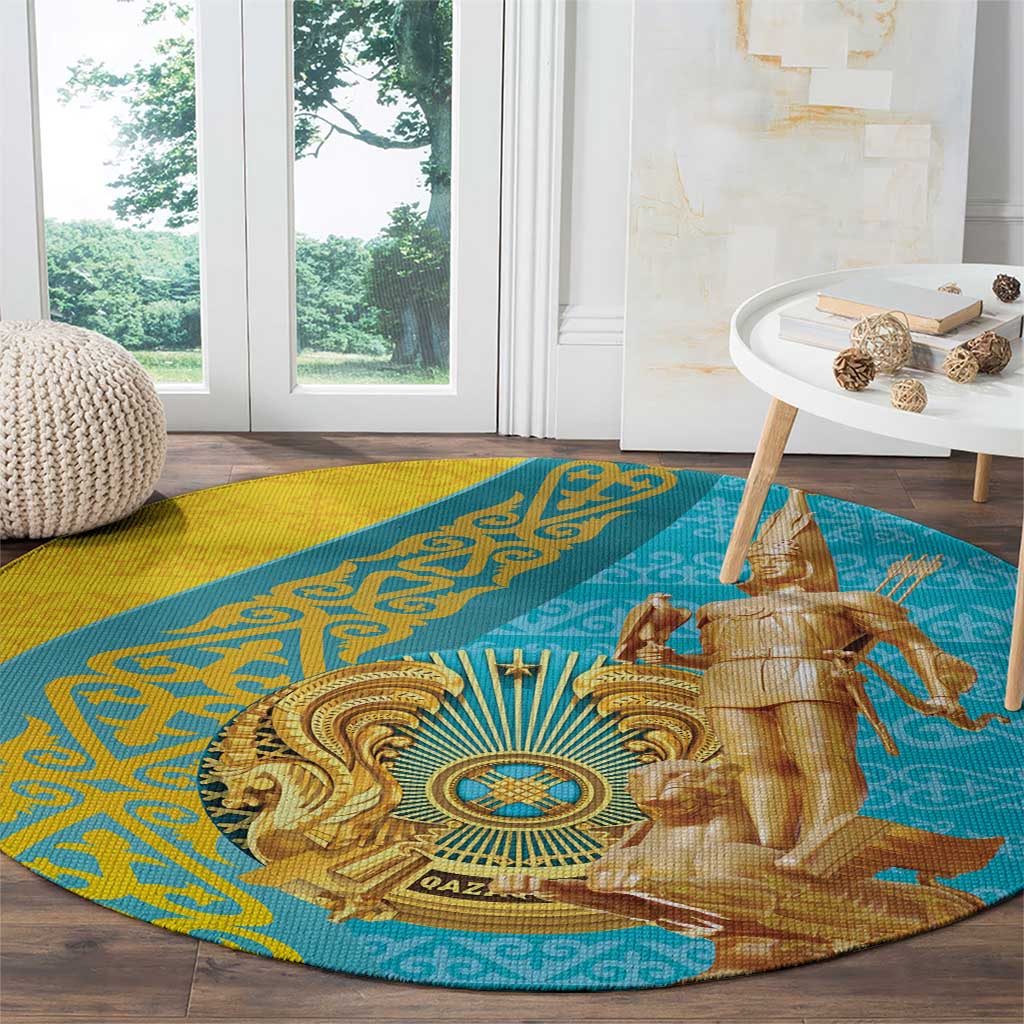 Round rug with teal field, yellow border accents, and gold camel-rider ornament