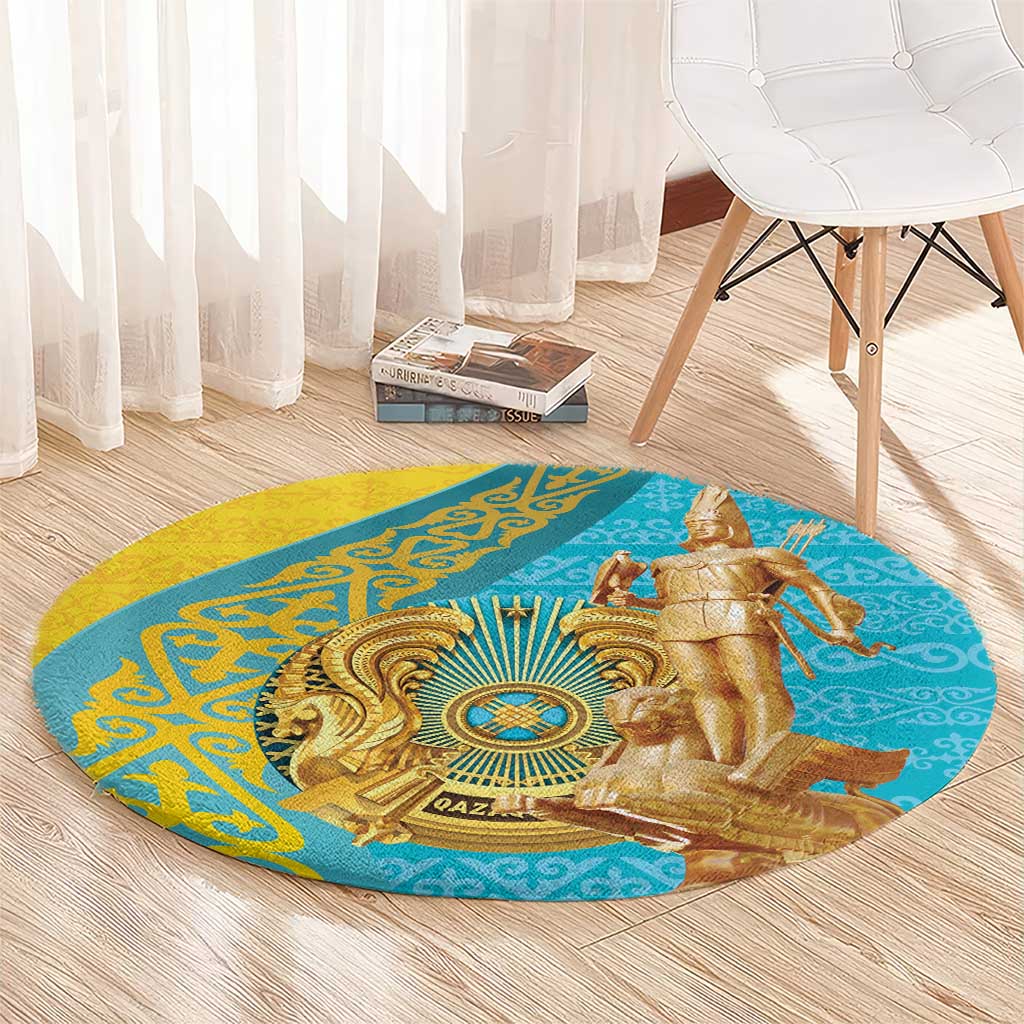 Round rug with teal-and-gold design and central gold camel-rider scene
