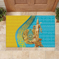 Gold and blue rubber doormat with ornate warrior figure graphic, rectangular