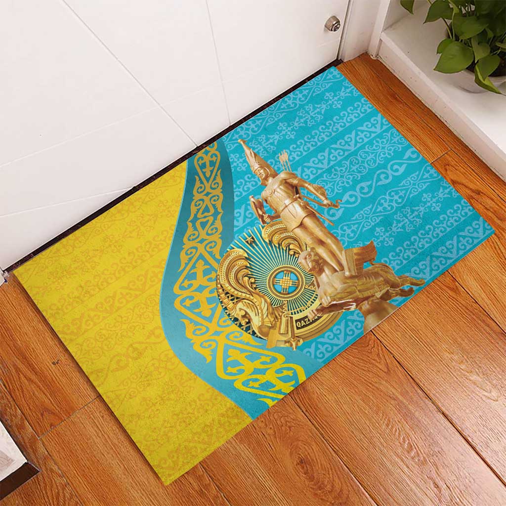 Rectangular rubber doormat with golden warrior artwork on blue and yellow design