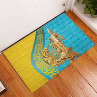 Rectangular rubber doormat with golden warrior artwork on blue and yellow design