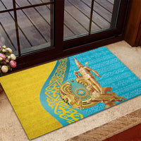 Rectangular rubber entry doormat featuring a gold warrior in blue and yellow