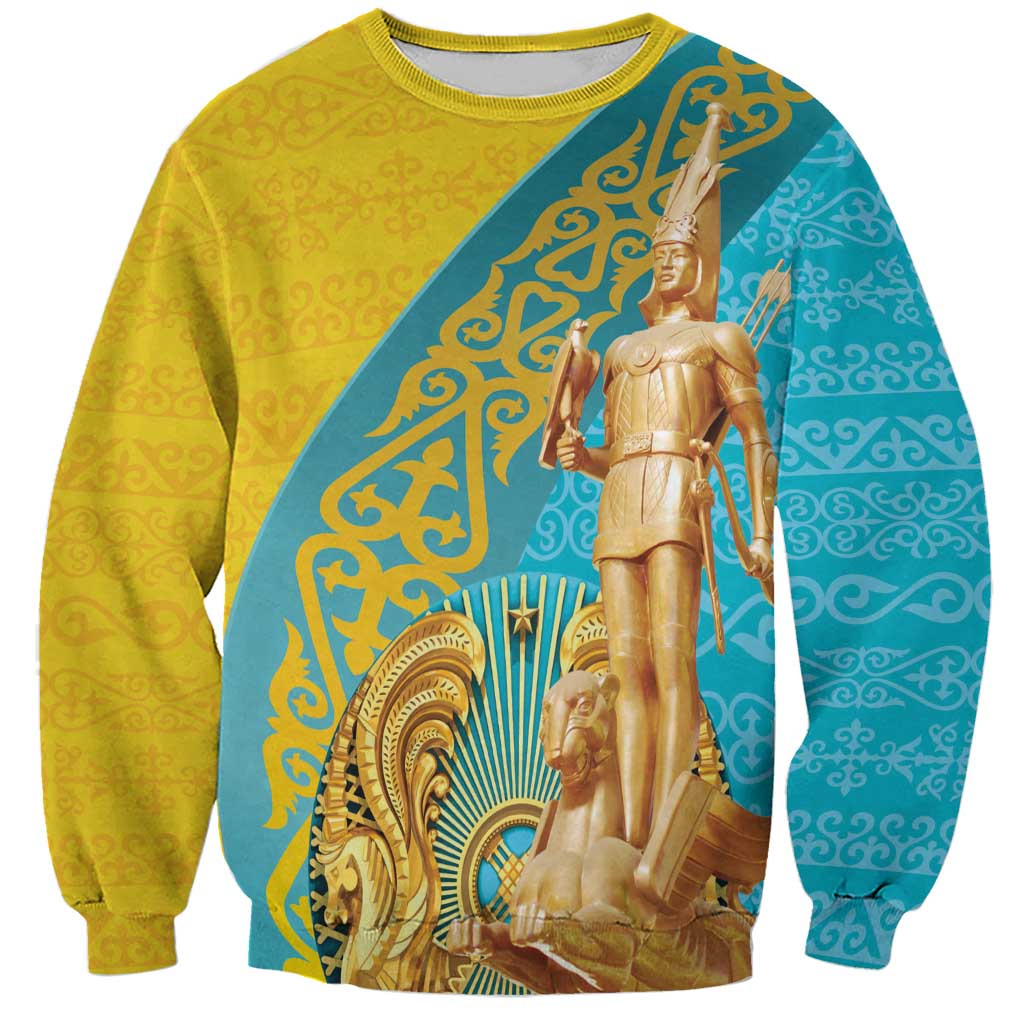 Gold unisex crewneck sweatshirt with teal diagonal panel and golden warrior statue print