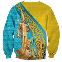 Gold unisex crewneck sweatshirt, teal panel with back view warrior and fan motif print