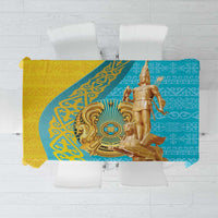 Decorative turquoise tablecloth with gold ornate horseman artwork print