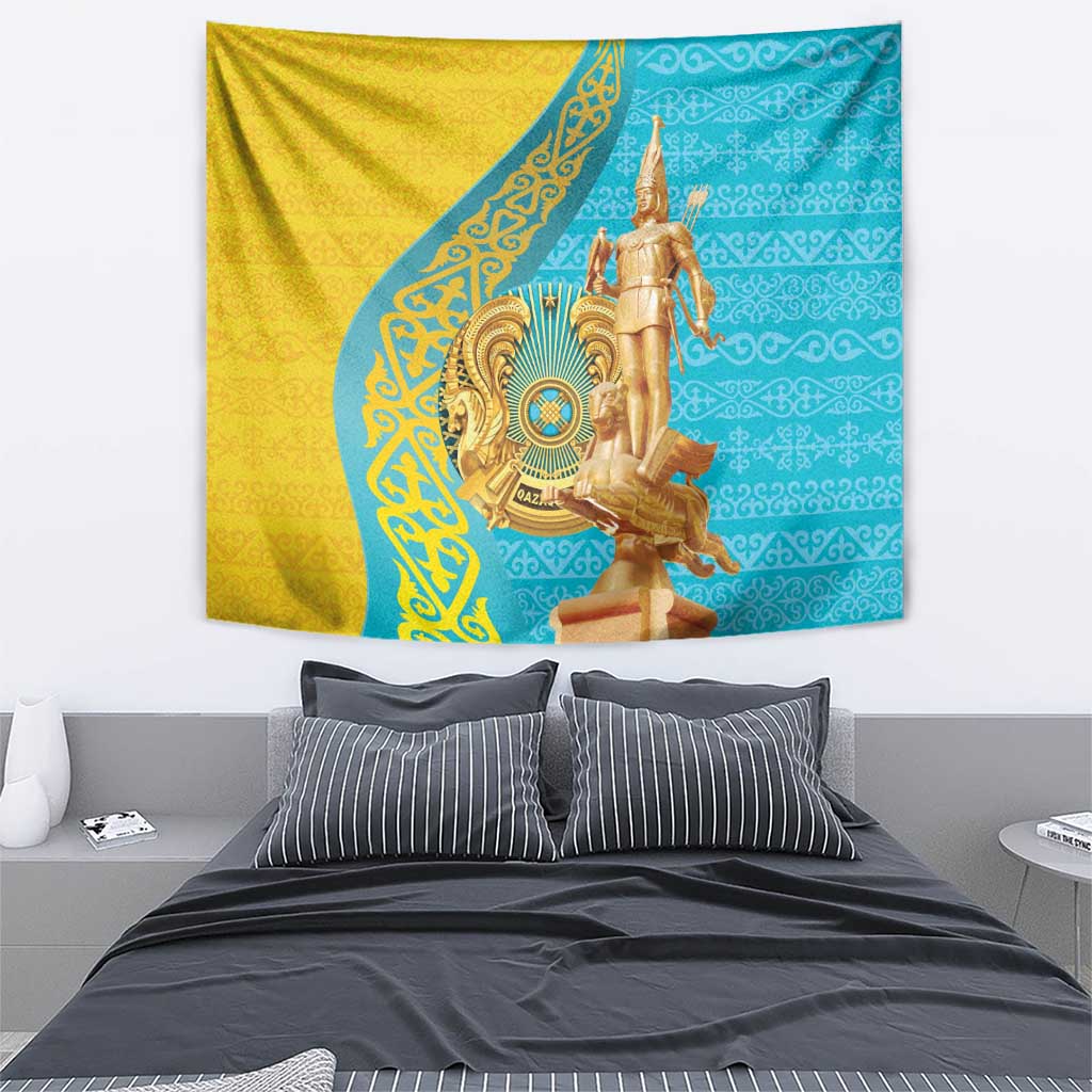 Wall tapestry featuring gold warrior statue on blue and gold patterned background