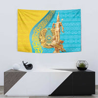 Rectangular wall tapestry with gold statue and blue-gold national pattern design