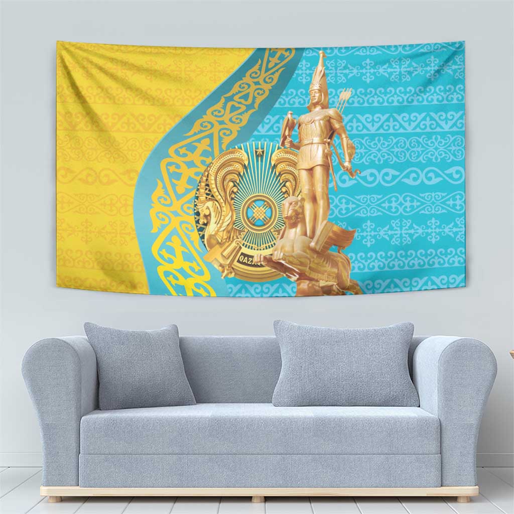 Gold and teal rectangular tapestry with gold warrior statue and decorative motifs