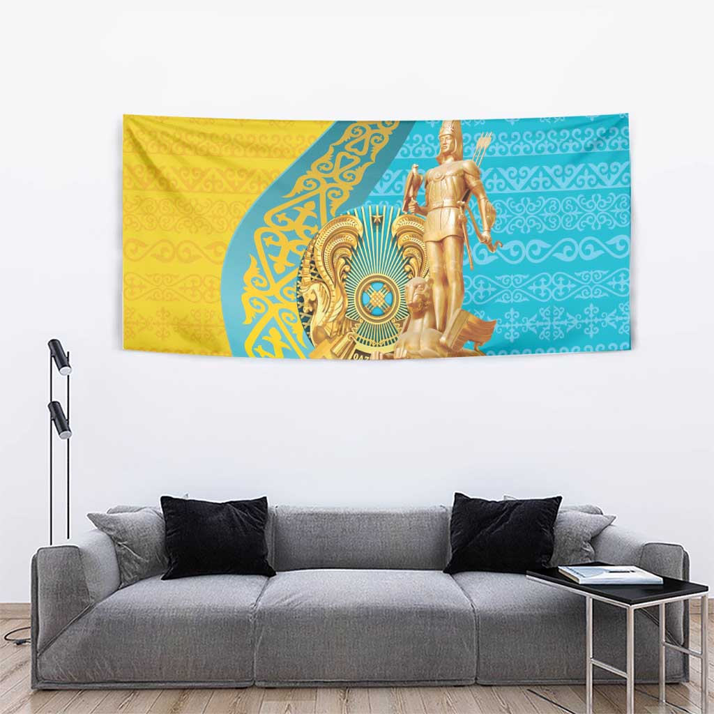 Wall hanging tapestry showing gold warrior statue over blue and yellow ornamental pattern