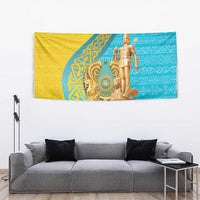 Wall hanging tapestry showing gold warrior statue over blue and yellow ornamental pattern