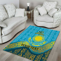 Teal-blue patterned area rug featuring “16th December Kazakhstan” and gold “YOUR TEXT”