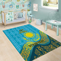Blue and gold area rug with sun emblem, “16th December Kazakhstan,” and “YOUR TEXT”