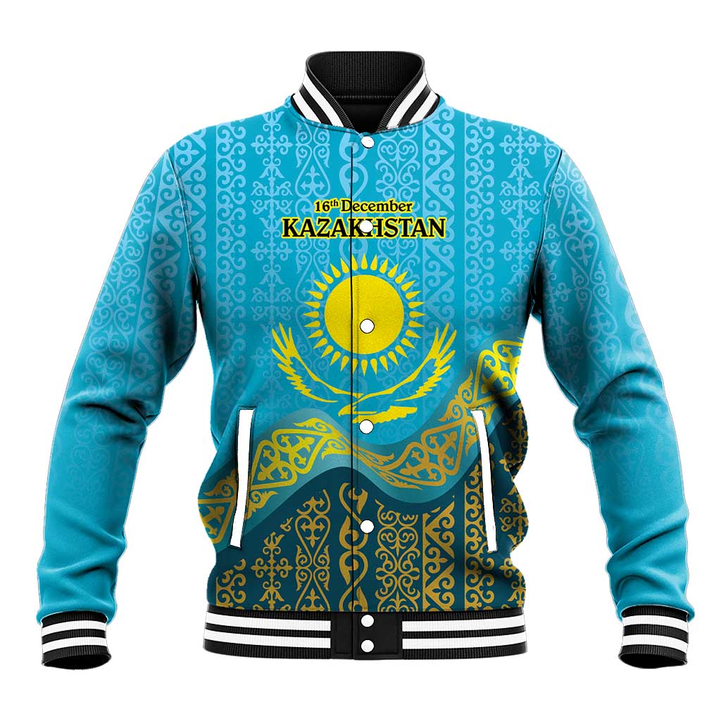 Blue varsity baseball jacket with gold KAZAKHSTAN pattern and 16 December emblem on front