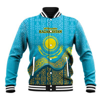 Blue varsity baseball jacket with gold KAZAKHSTAN pattern and 16 December emblem on front