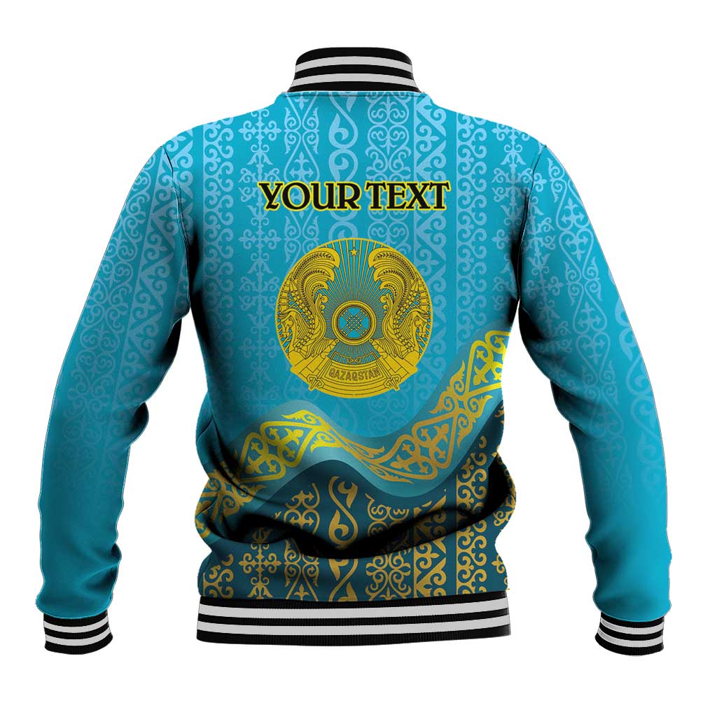 Blue varsity baseball jacket with striped collar and gold medallion; YOUR TEXT on back