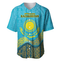 Personalized baseball jersey, turquoise with gold emblem and '16th December KAZAKHSTAN' text