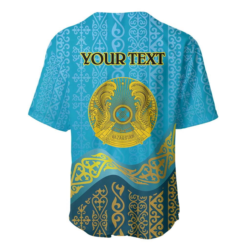 Personalized baseball jersey, turquoise with gold 'YOUR TEXT' and crest emblem on back