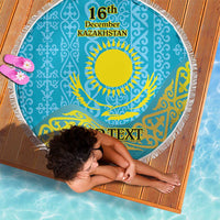 Blue round beach blanket with fringe, Kazakh pattern, 16th December Kazakhstan and YOUR TEXT