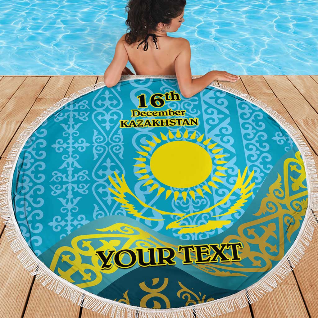 Blue round beach blanket with fringe, Kazakh pattern, YOUR TEXT