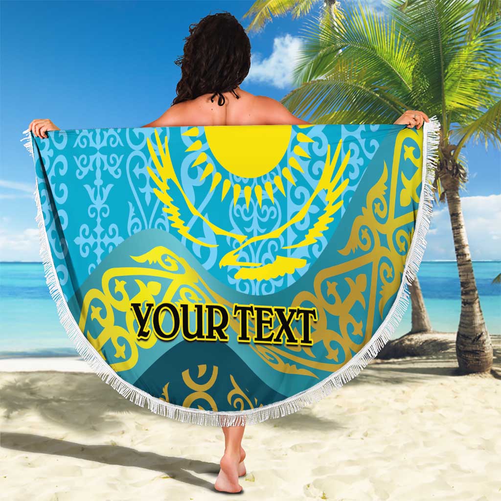 Blue round beach blanket with fringe held on the beach, Kazakh pattern and YOUR TEXT