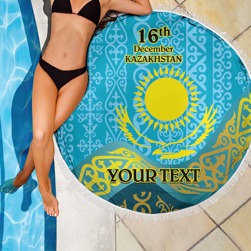 Blue round beach blanket with fringe by the pool, Kazakh pattern, 16th December Kazakhstan and YOUR TEXT