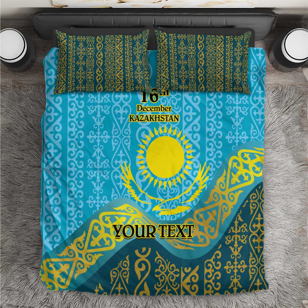 Blue personalized bedding set with Kazakh pattern, sun emblem, 16th Dec Kazakhstan, YOUR TEXT