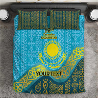 Blue personalized bedding set with Kazakh pattern, sun emblem, 16th Dec Kazakhstan, YOUR TEXT