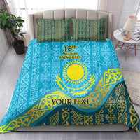 Blue bedding set with Kazakh ornament pattern, sun emblem, 16th Dec Kazakhstan, YOUR TEXT, pillows