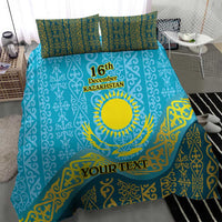 Blue personalized bedding set with gold Kazakh motifs, sun emblem, 16th Dec Kazakhstan, YOUR TEXT