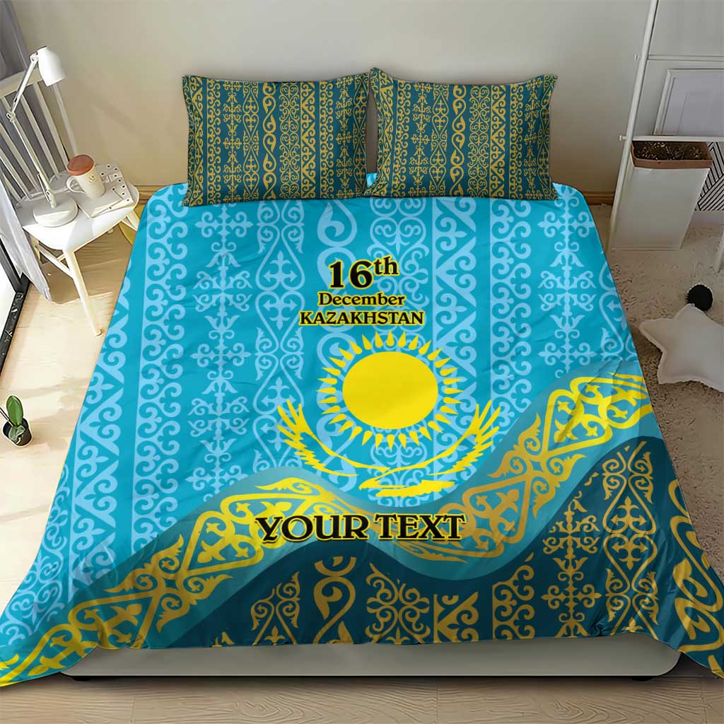 Blue bedding set with Kazakh pattern duvet, sun emblem, 16th Dec Kazakhstan, YOUR TEXT, pillows