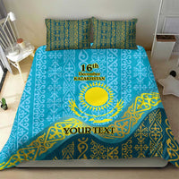 Blue bedding set with Kazakh pattern duvet, sun emblem, 16th Dec Kazakhstan, YOUR TEXT, pillows