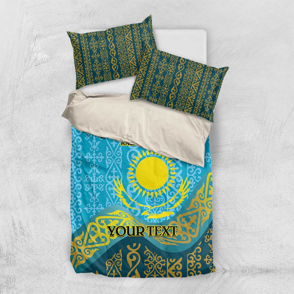 Blue bedding set with sun emblem and gold Kazakh motifs, YOUR TEXT, two matching pillowcases