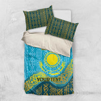 Blue bedding set with sun emblem and gold Kazakh motifs, YOUR TEXT, two matching pillowcases