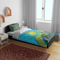 Blue personalized bedding set with Kazakh ornament design, sun emblem, 16th Dec Kazakhstan, YOUR TEXT