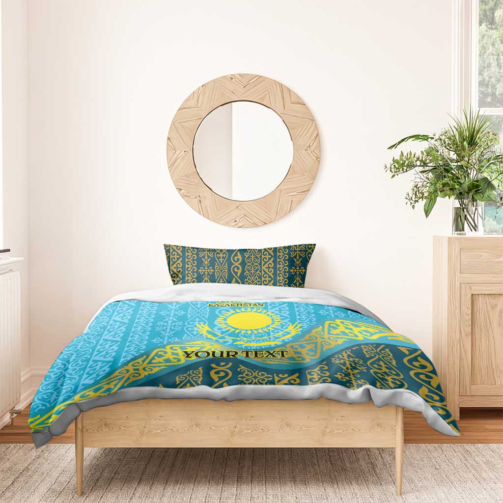 Blue bedding set with gold Kazakh pattern, sun emblem, 16th Dec Kazakhstan, YOUR TEXT, pillows