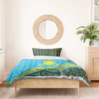 Blue bedding set with gold Kazakh pattern, sun emblem, 16th Dec Kazakhstan, YOUR TEXT, pillows