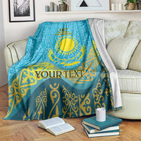Blue personalized throw blanket with Kazakh sun-and-eagle pattern, 16th December text