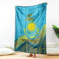Blue hanging personalized blanket with Kazakh pattern, 16th December Kazakhstan and YOUR TEXT
